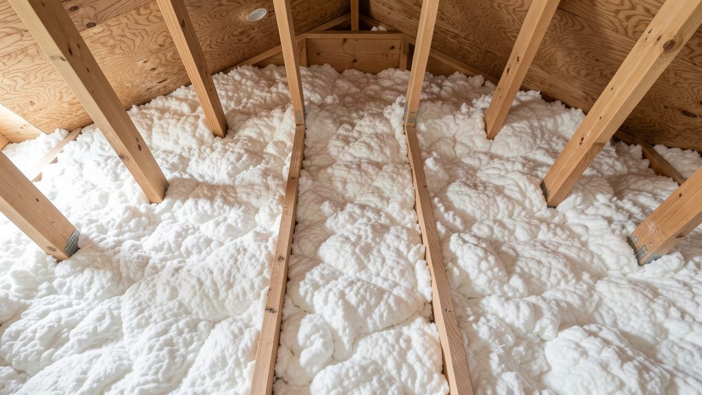 White blown-in attic insulation evenly distributed between roof joists