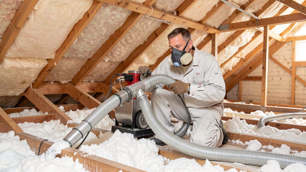 Attic insulation installer distributing insulation with a blowing machine