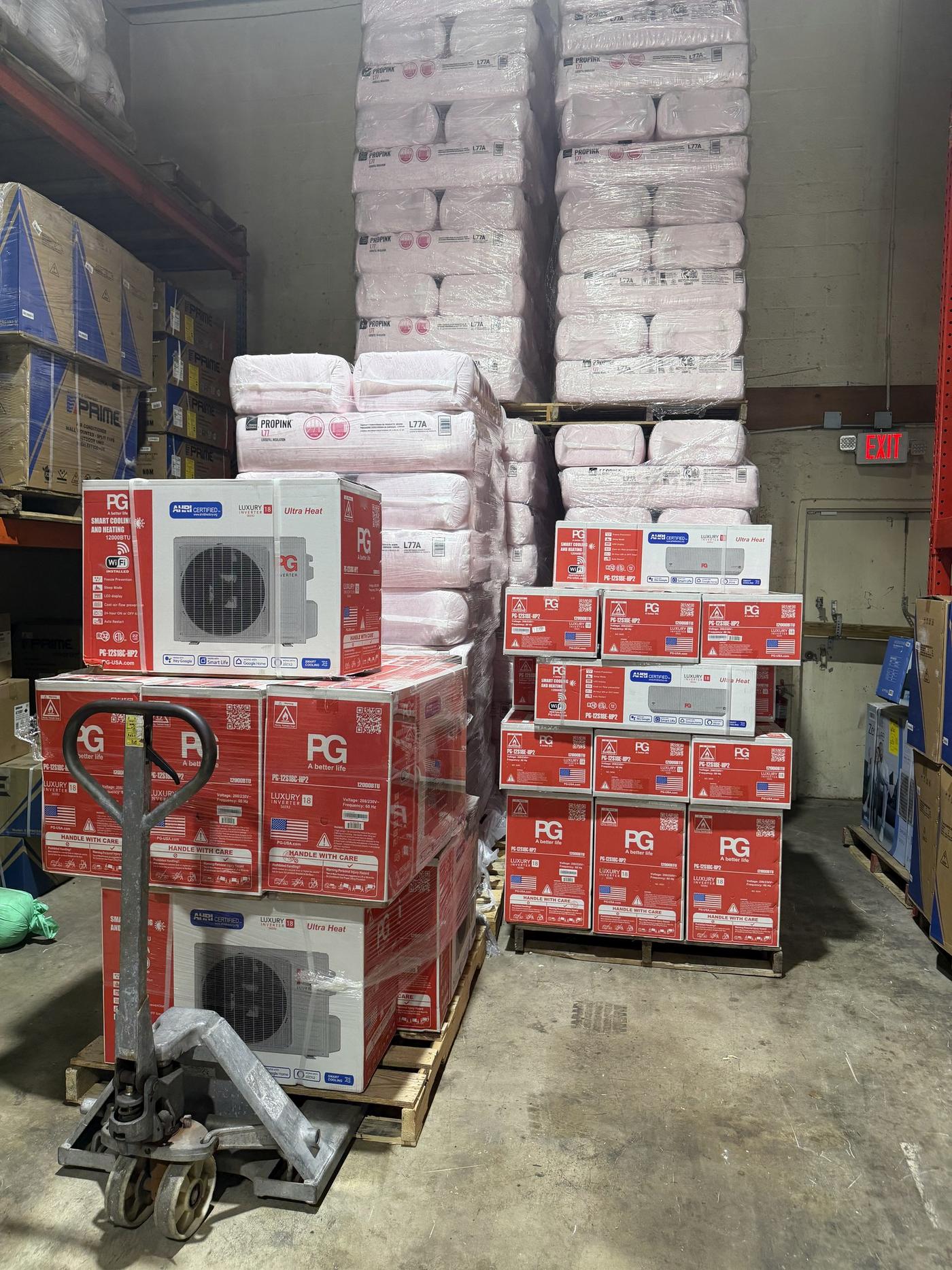 Boxed air conditioning units on a pallet in the Banos HVAC Supply warehouse in Hialeah