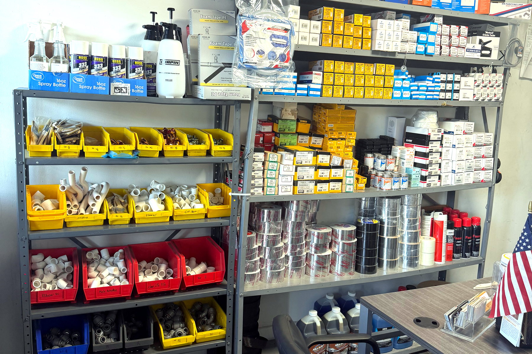 Banos HVAC parts counter stocked with fittings, controls, filters and consumables