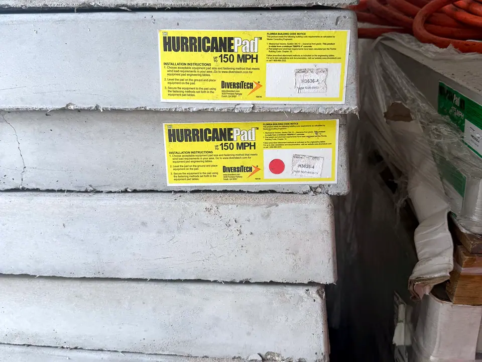 Hurricane-rated condenser pads rated to 150 mph
