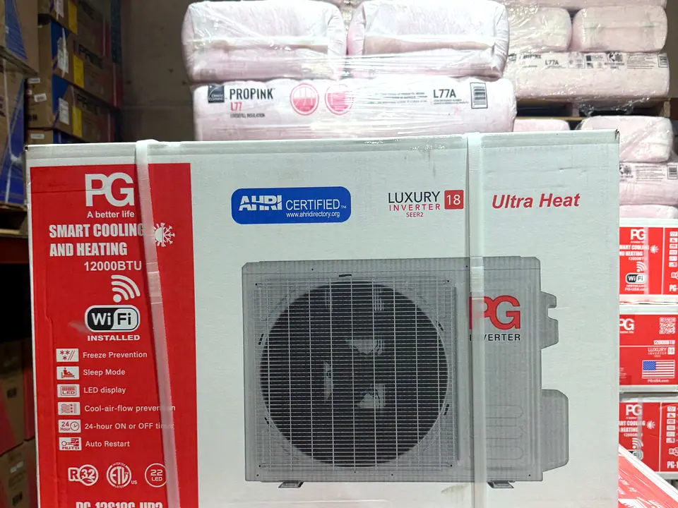Boxed inverter mini-split condenser in stock at Banos HVAC