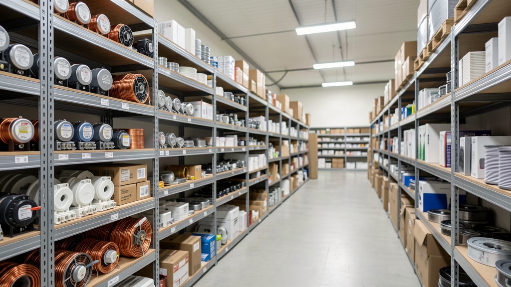 Organized HVAC parts supply warehouse